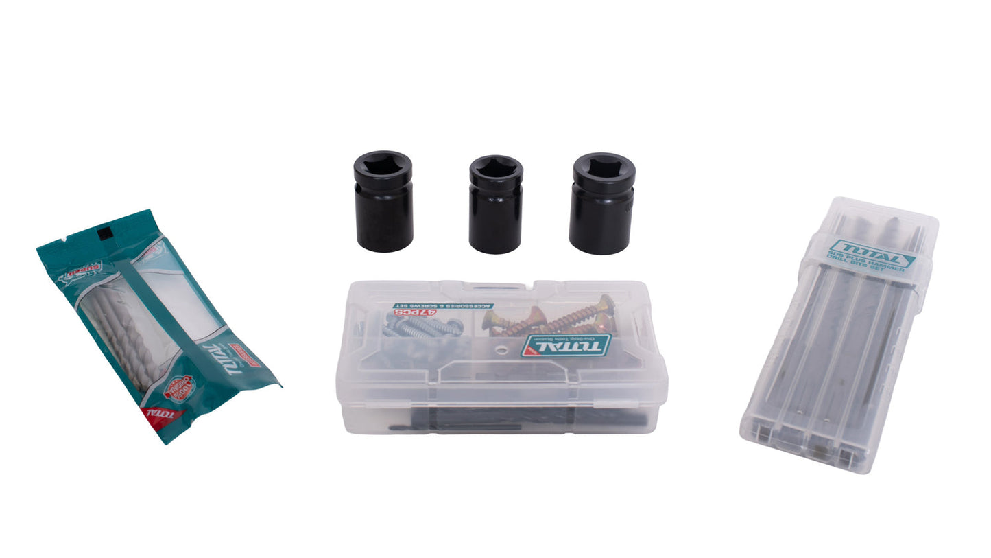 Kit Combo TOTAL 20V cu 9 unelte Brushless, 2 baterii 4Ah, incarcator si accesorii, geanta textila