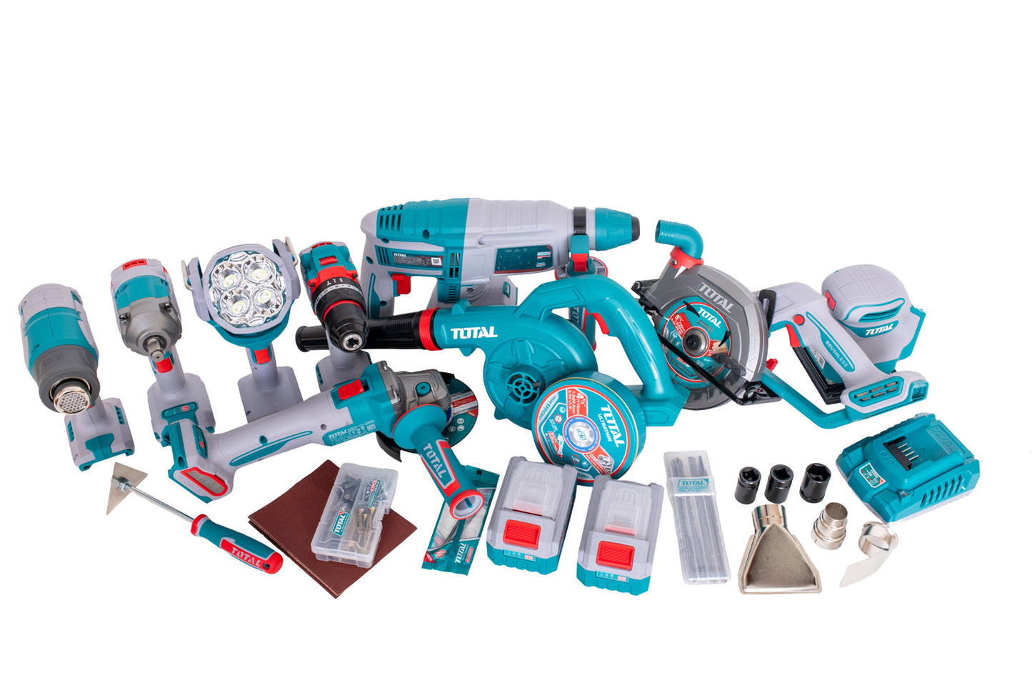 Kit Combo TOTAL 20V cu 9 unelte Brushless, 2 baterii 4Ah, incarcator si accesorii, geanta textila