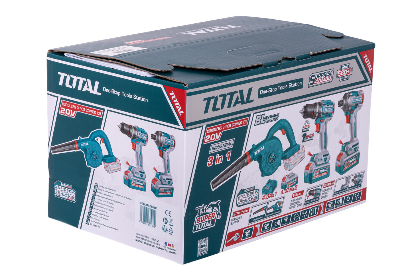 Kit combo TOTAL 20V cu masina de gaurit cu percutie, masina de insurubat cu impact si suflanta, 2 baterii 4.0Ah