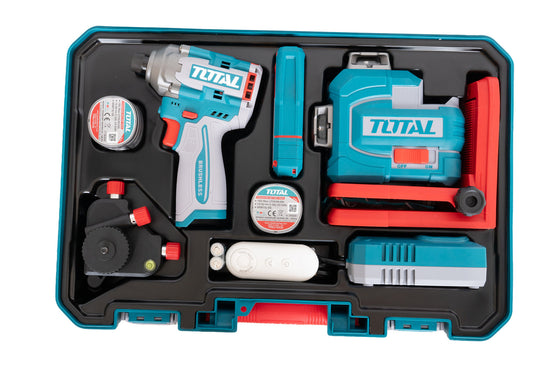 Kit combo TOTAL 16V cu masina de insurubat cu impact, nivela laser 3D si telemetru laser
