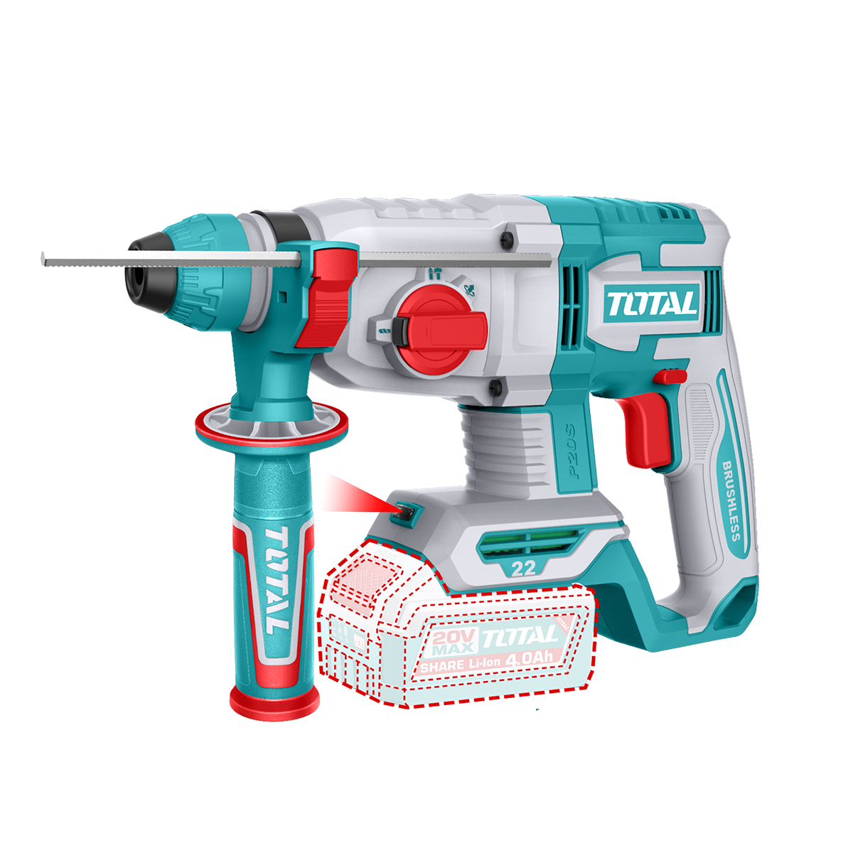 Ciocan rotopercutor TOTAL Li-Ion 20V, 2.0 J, motor fara perii, SDS Plus, fara acumulator si incarcator