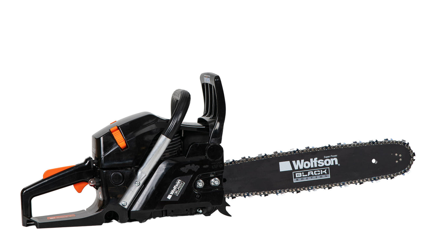 Drujba pe benzina WOLFSON Black Edition EURO 5, 52 cc, 3.1 CP, lama 40 cm, 33 dinti taietori, PROFESIONALA