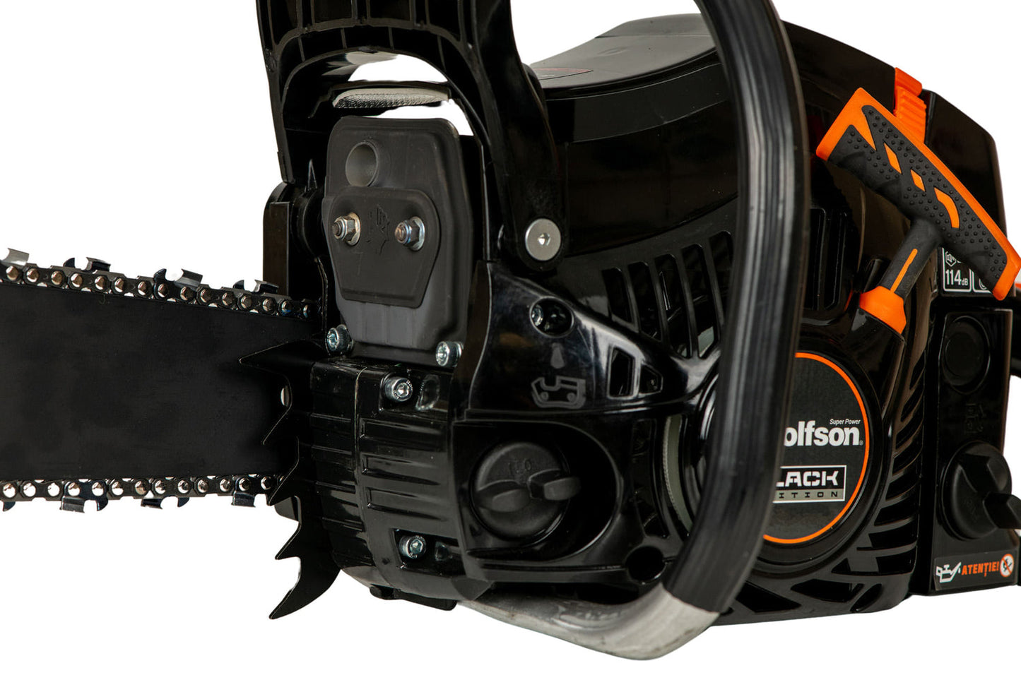 Drujba pe benzina WOLFSON Black Edition EURO 5, 52 cc, 3.1 CP, lama 40 cm, 33 dinti taietori, PROFESIONALA