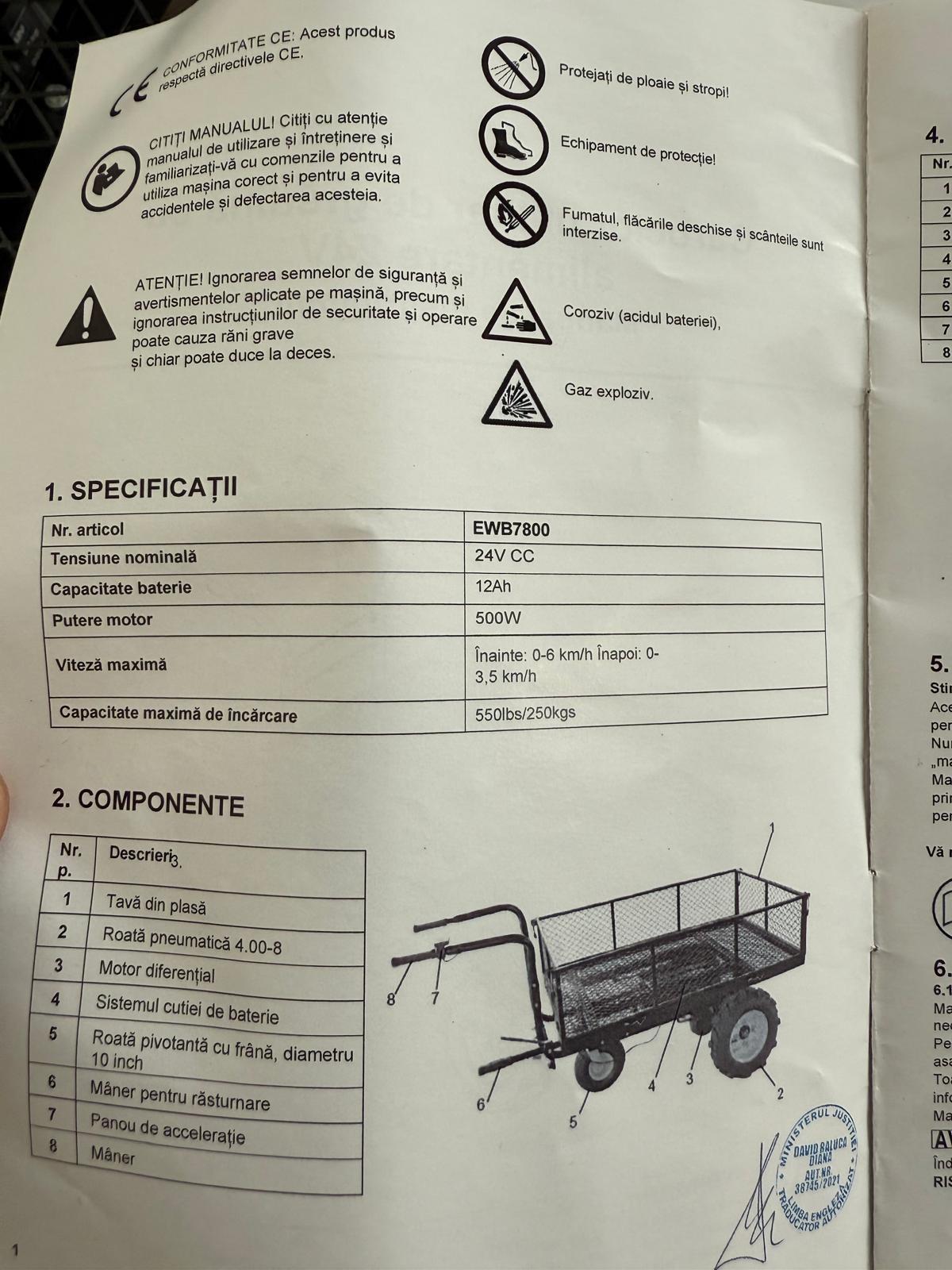 Carucior electric Broman EWB7800, 500W, 24V, 12Ah, 250 kg, tava metalica plasa