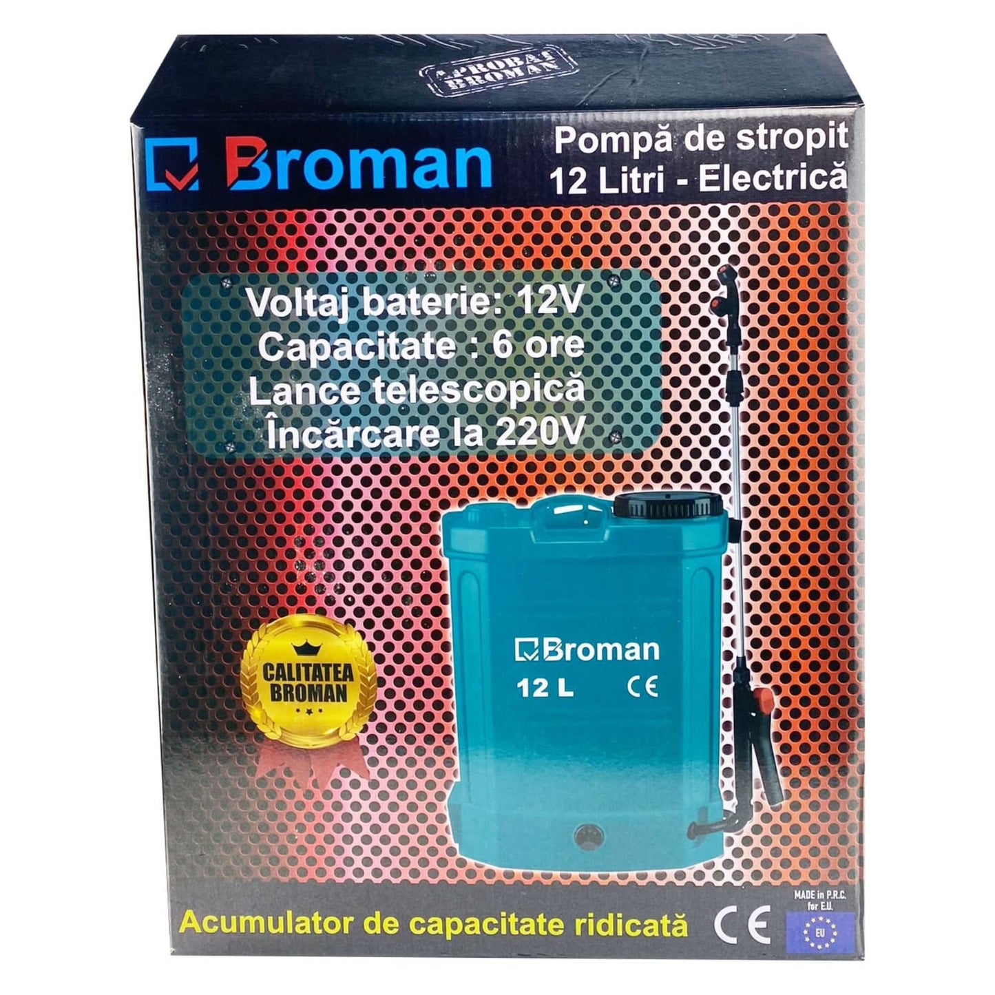 Pompa de stropit electrica Broman, 12L, 12V, autonomie 6 ore, lance telescopica, 3 capuri, ham ergonomic