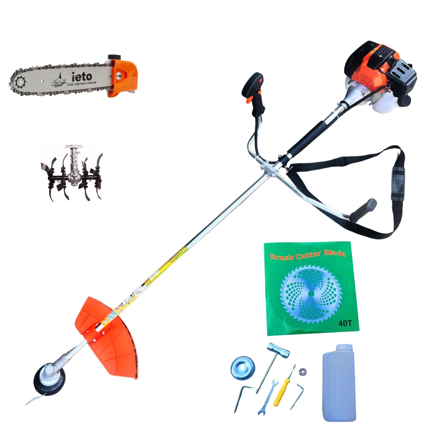 Pachet Motocoasa pe benzina ZEP TITAN 5,9CP, 52cc, 2T, 9000RPM, cu tambur, disc, cultivator si adaptor tip drujba