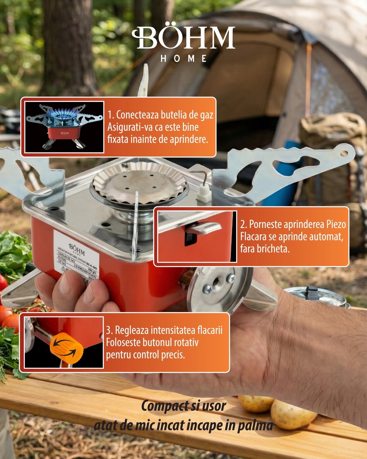 Arzator Portabil Patrat Bohm BG-K-005, propan/butan, pentru camping - detaliu 6