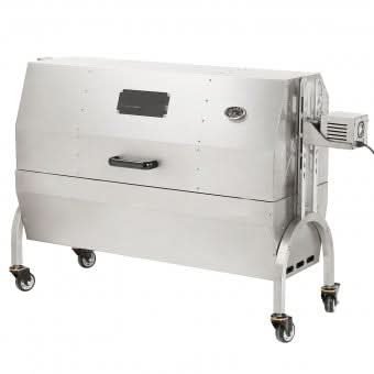 Gratar pe carbune cu rotisor electric 50W, capac, inox, suprafata 103.5x37.5 cm, inaltime reglabila, roti blocabile, termometru, 60 kg