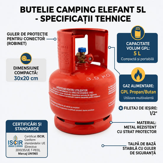 Butelie camping gaz GPL Elefant, 5l, metal, talpa si guler, filet 1/2", presiune iesire 30mbar, omologata ISCIR, include