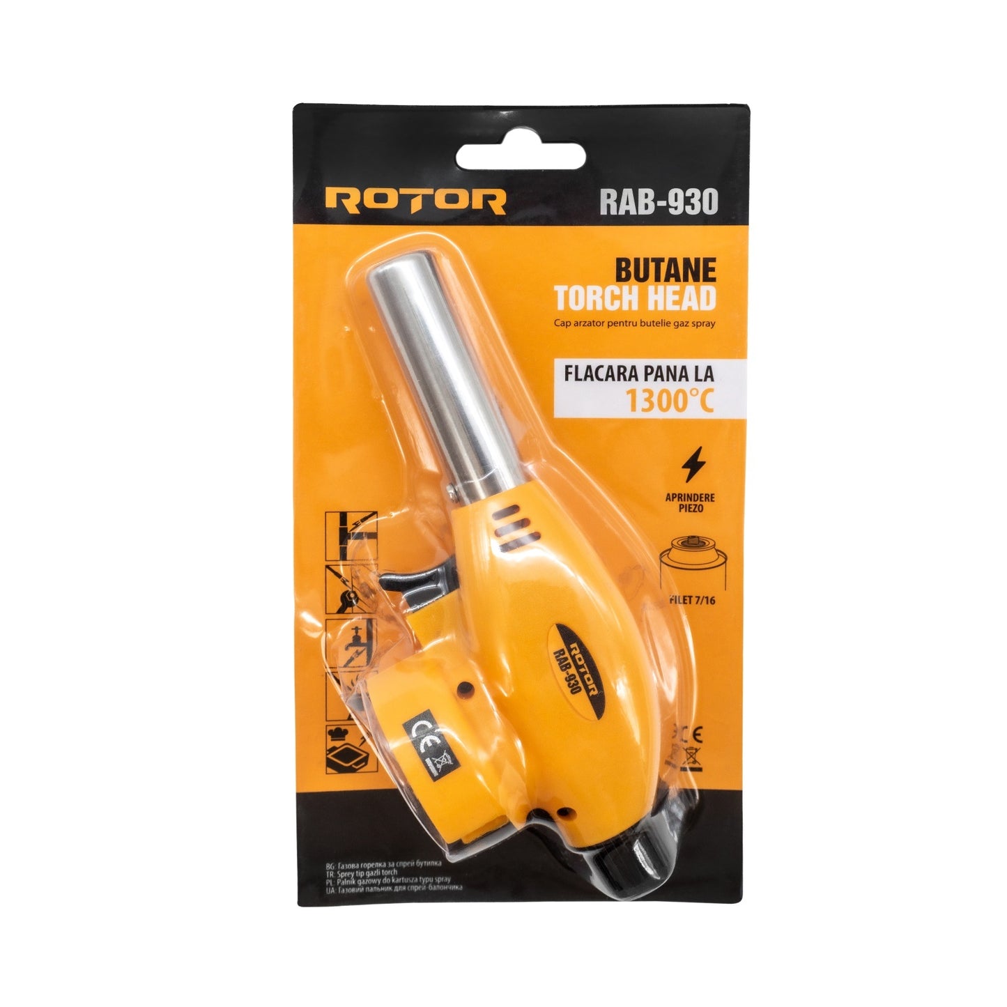 Cap arzător pentru butelie gaz spray, aprindere piezo, conectare filet 7/16 ROTOR RAT-930