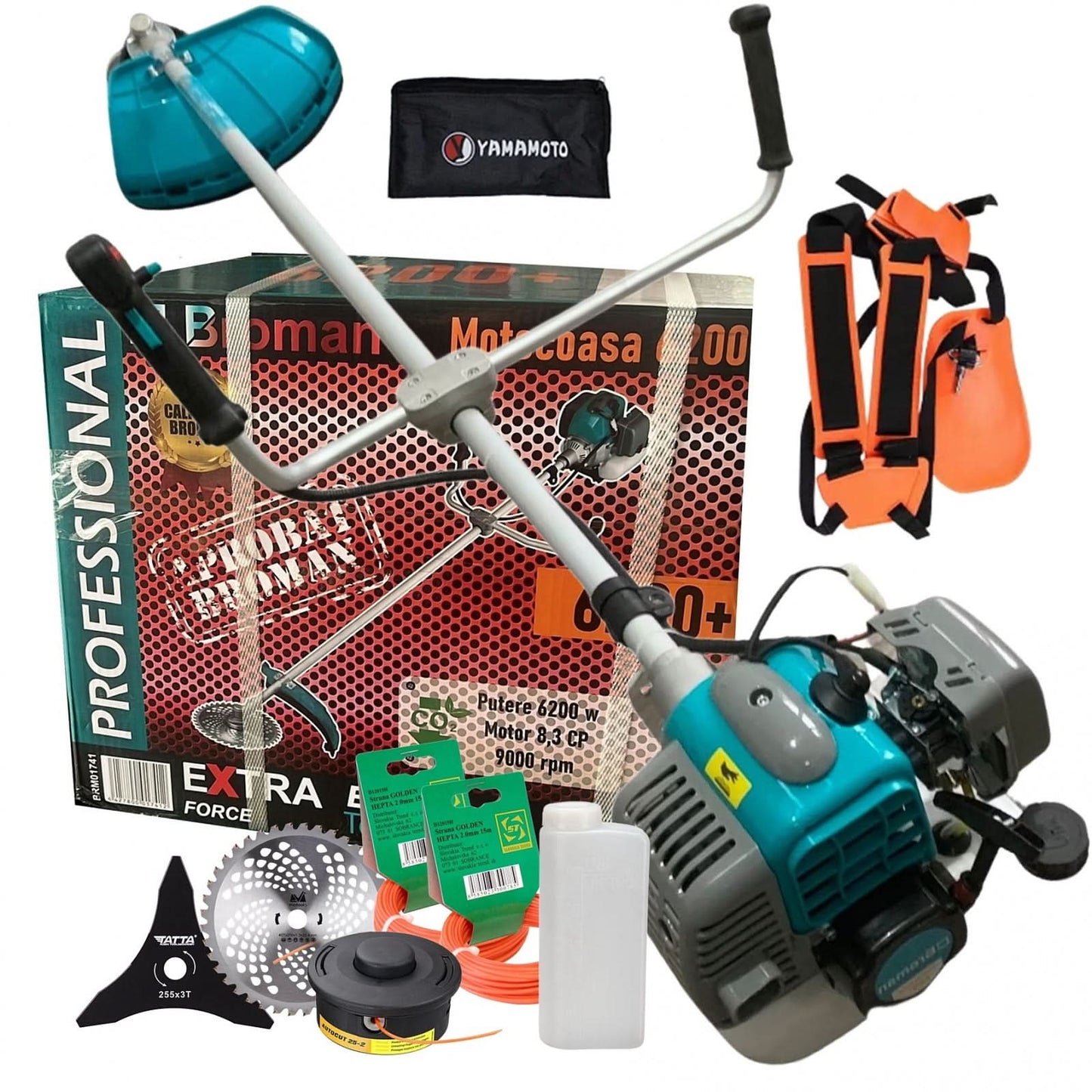 Motocoasa benzina Broman 6200+, 2T, 52CC, 8.3CP, 9000RPM, 6200W, disc si tambur