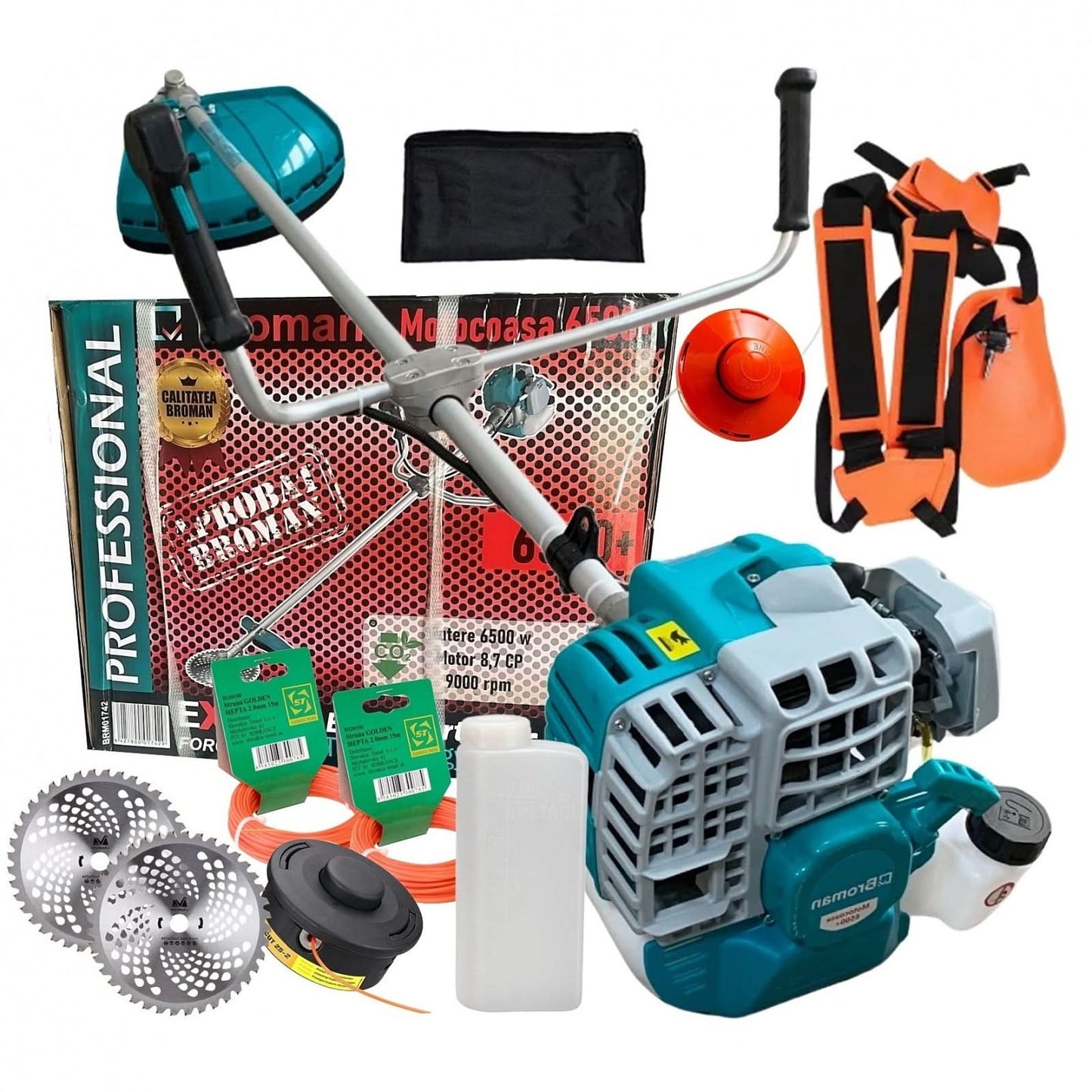 Motocoasa Broman 6500 52 CC, 6500W, 9000 RPM cu Motor în 2 Timpi