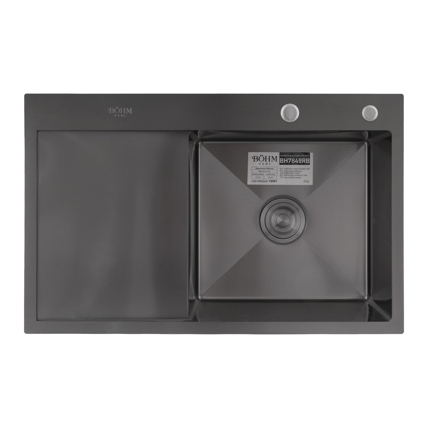 Chiuveta Bucatarie Inox SUS304 Bohm BH7849RB, 780x490mm, nano black, cuva dreapta - detaliu 2