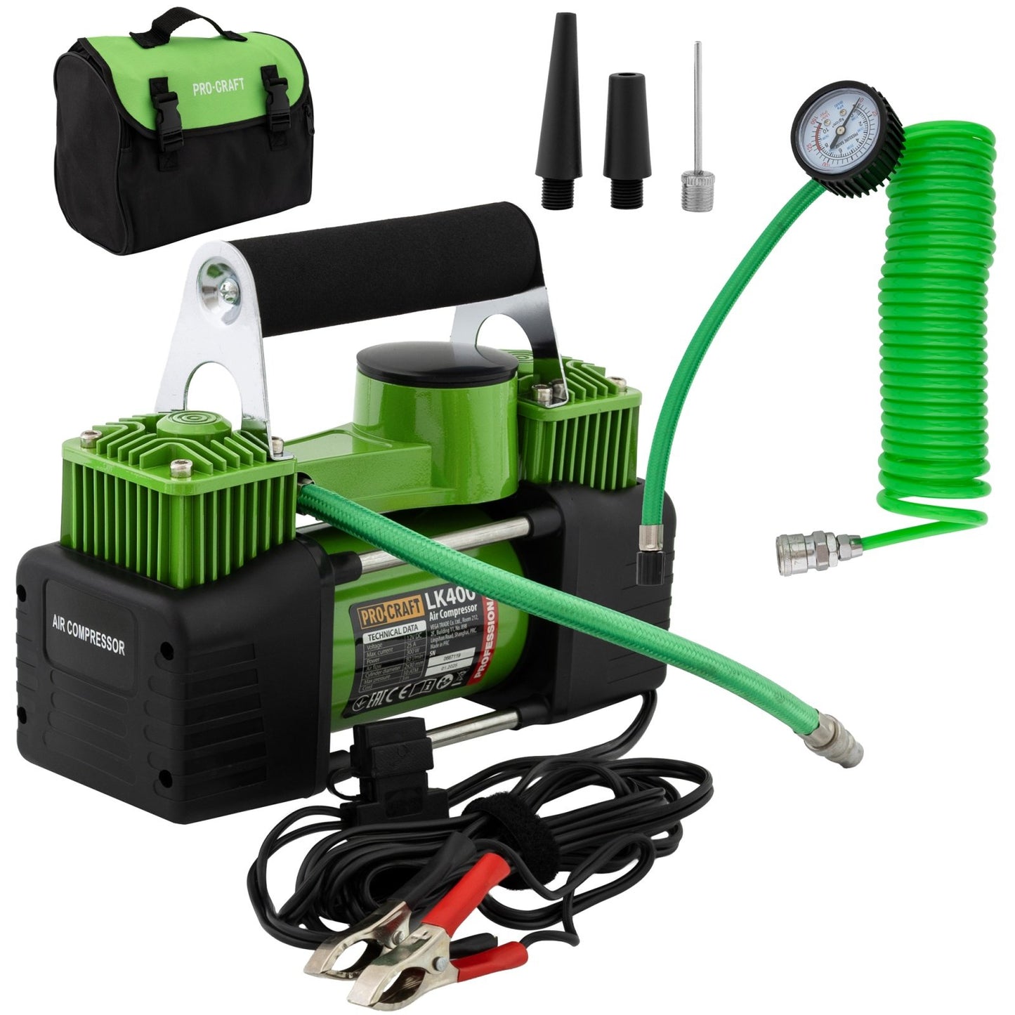 Compresor auto Procraft LK400, 12V, 276W, 80 L/min, presiune 10 bari, 2 cilindri