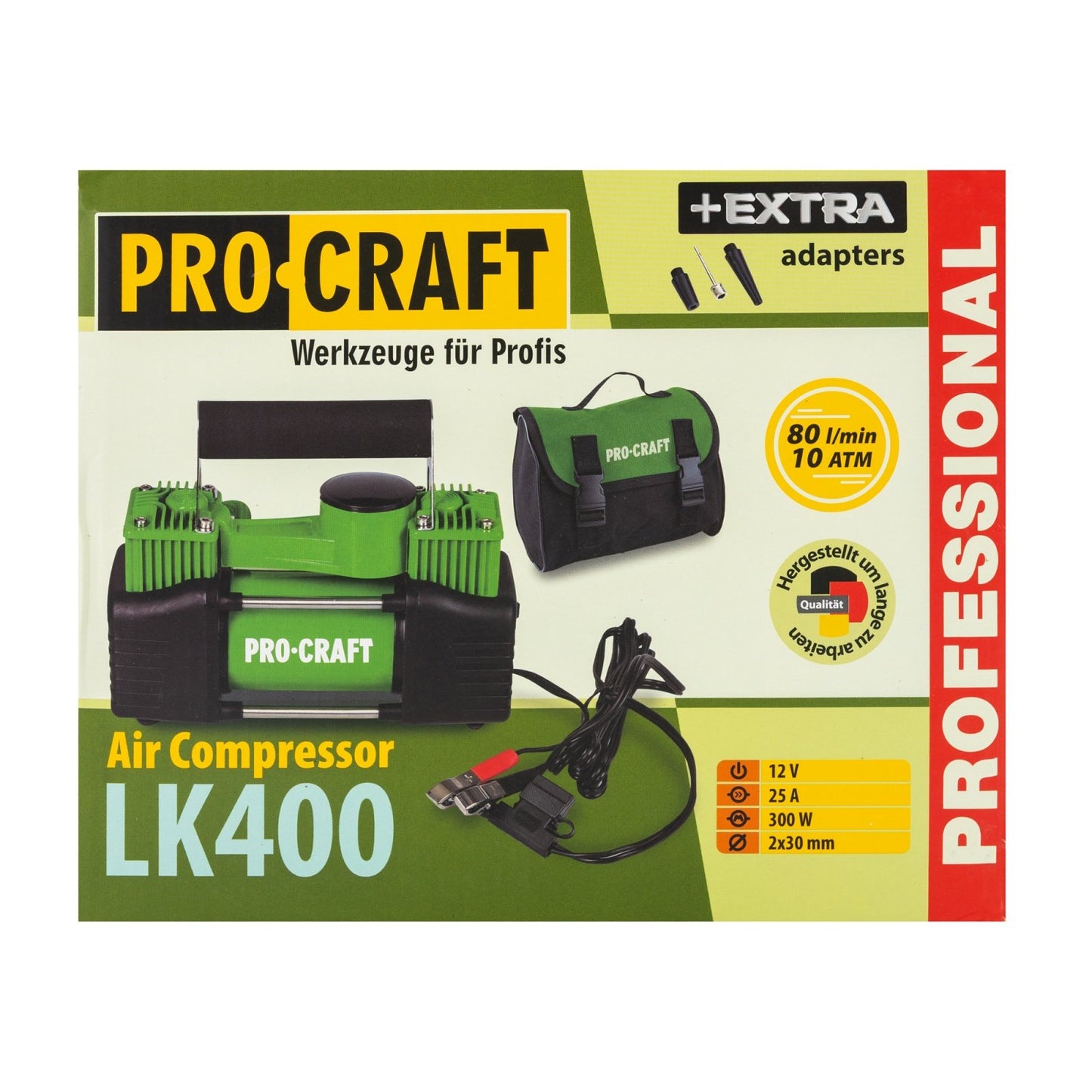 Compresor auto Procraft LK400, 12V, 276W, 80 L/min, presiune 10 bari, 2 cilindri