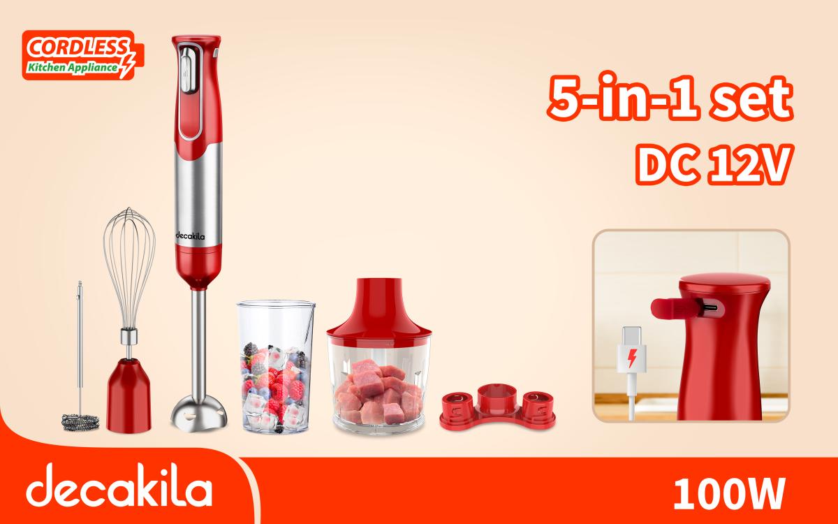 Blender manual fara fir Decakila 5 in 1, 100 W, baterie reincarcabila, accesorii incluse, rosu