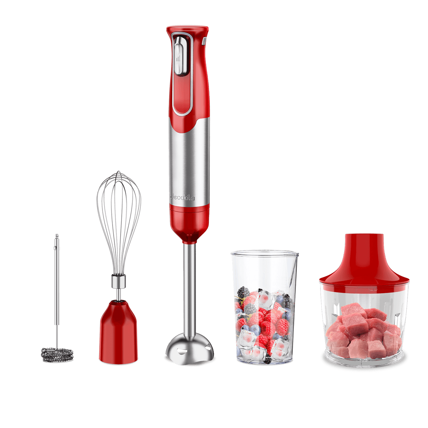 Blender manual fara fir Decakila 5 in 1, 100 W, baterie reincarcabila, accesorii incluse, rosu