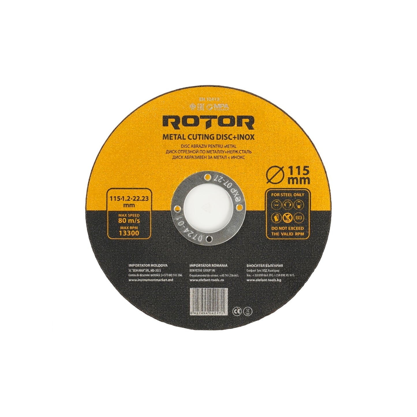 Disc abraziv pentru metal+inox ROTOR 115*1,2*22,23 - Pachet 10 bucati