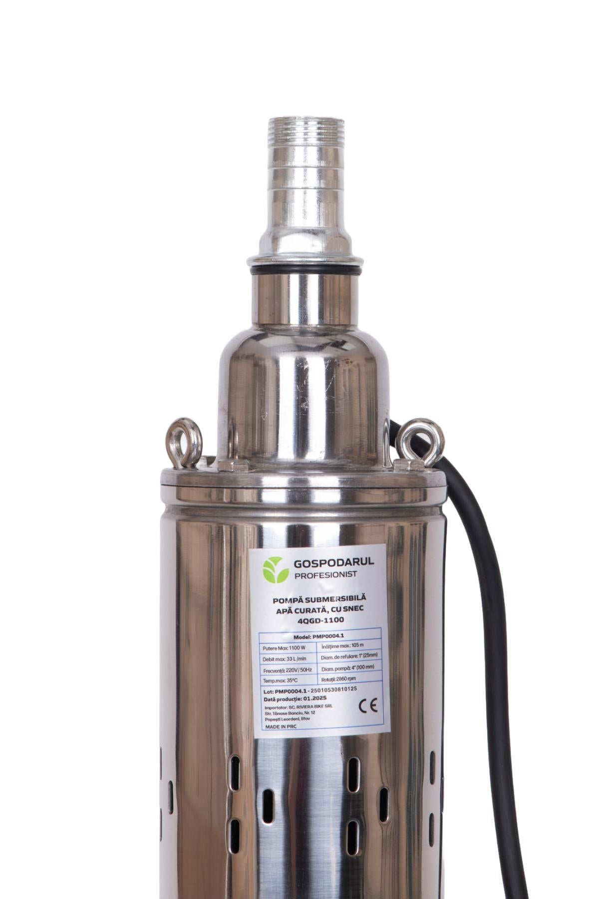 Pompa submersibila PROFESIONALA pentru apa curata cu snec Gospodarul Profesionist 4QGD, 1100W, 1800 l/h, cablu 15 m