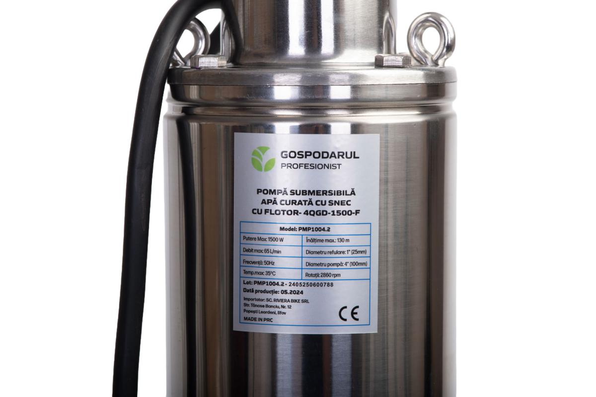 Pompa submersibila PROFESIONALA pentru apa curata Gospodarul Profesionist 4QGD-1500-F, cu snec si flotor, 1500W, 3900 l/h