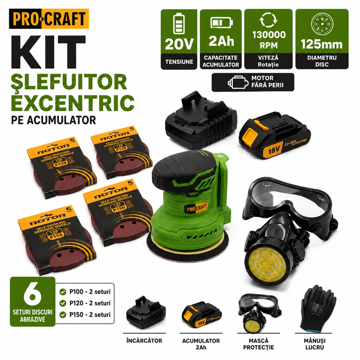 Kit Slefuitor excentric pe acumulator ProCraft, 20v, 2Ah, 130000rpm, diametru 125mm, fara perii, include acumulator