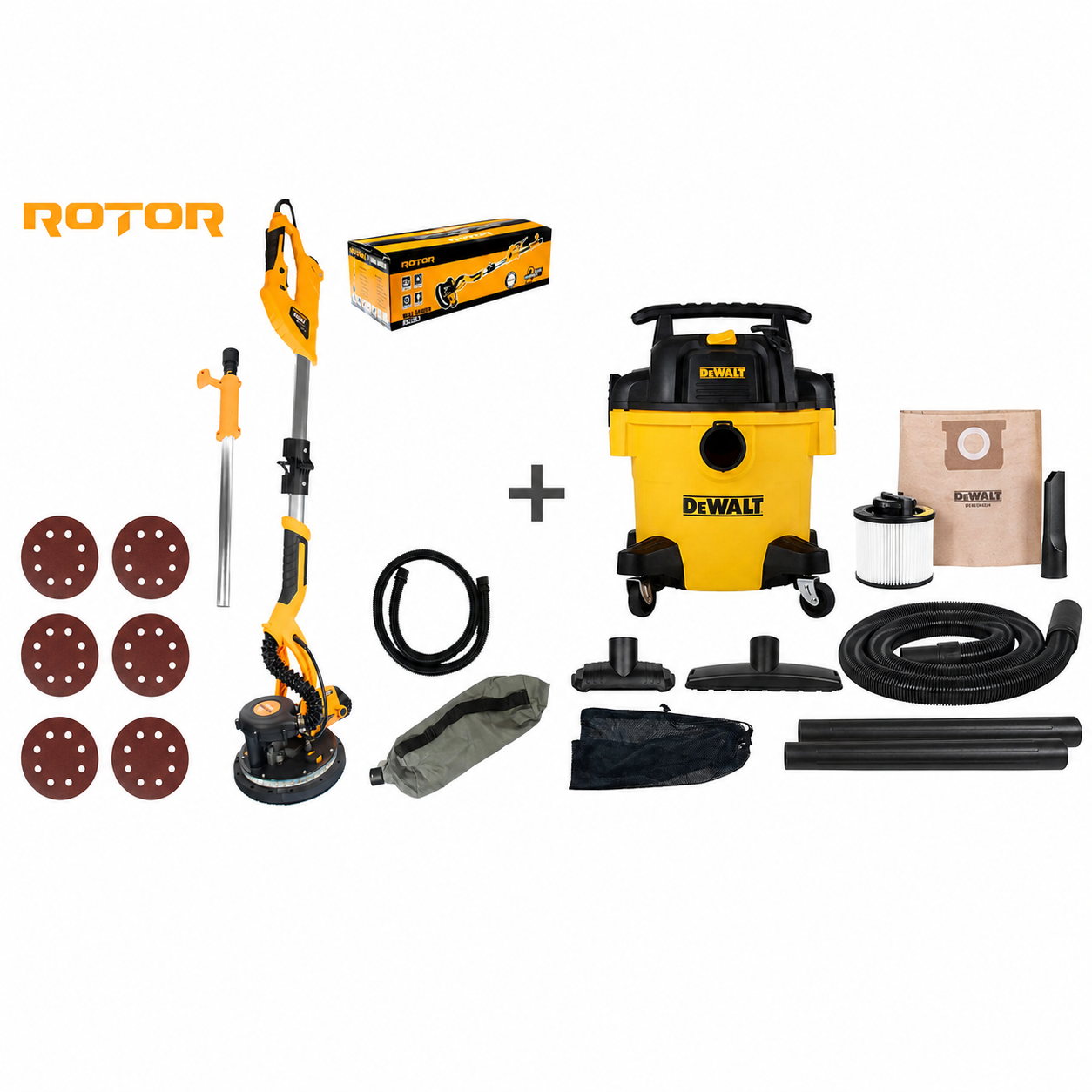 Kit masina de slefuit pereti ROTOR 750W si aspirator DeWalt DXV20P 20L