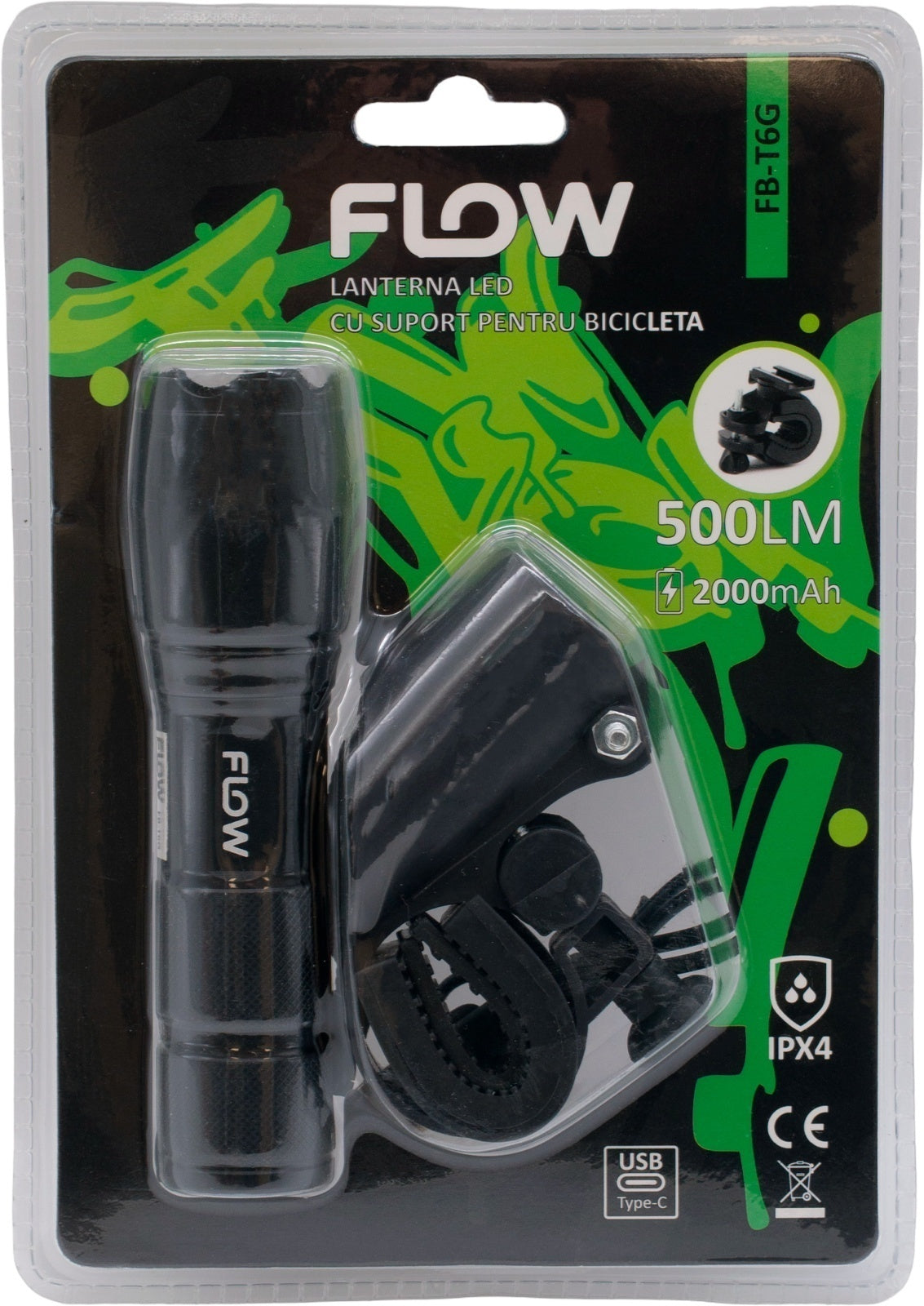 Lanternă LED aluminiu cu zoom și suport bicicletă FLOW FB-T6G