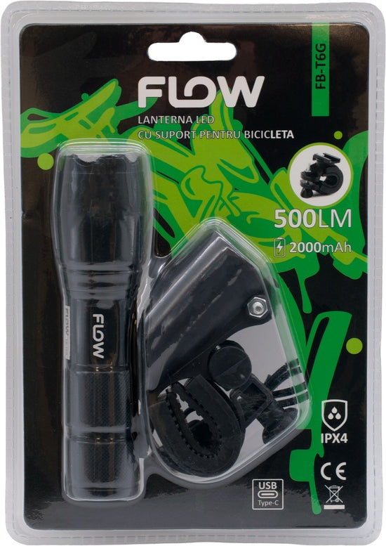 Lanterna LED Aluminiu cu Zoom si Suport Bicicleta Flow FB-T6G