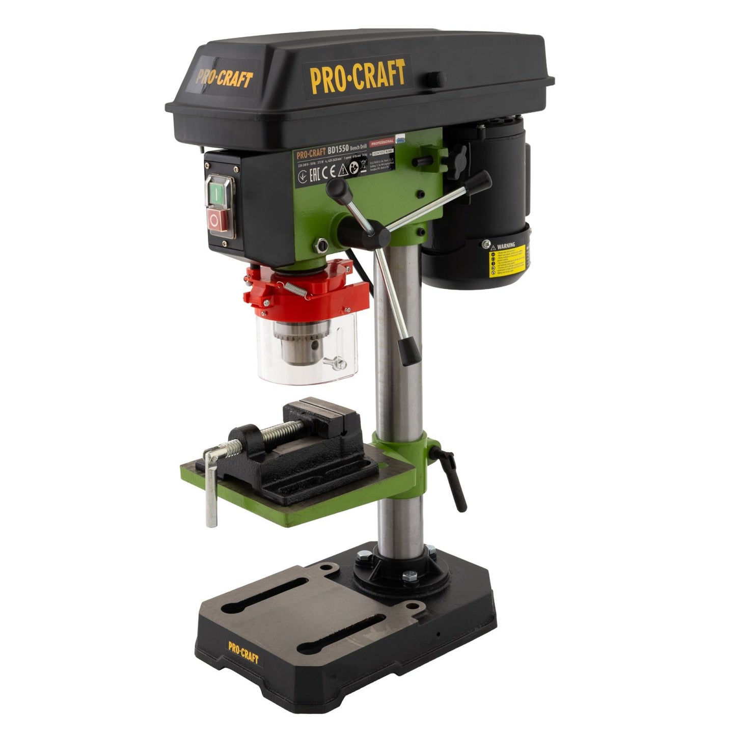 Masina de gaurit de banc Procraft BD1550, 375W, 16 mm, 5 viteze, cursa 50 mm, mandrina cu bacuri, menghina 55 mm