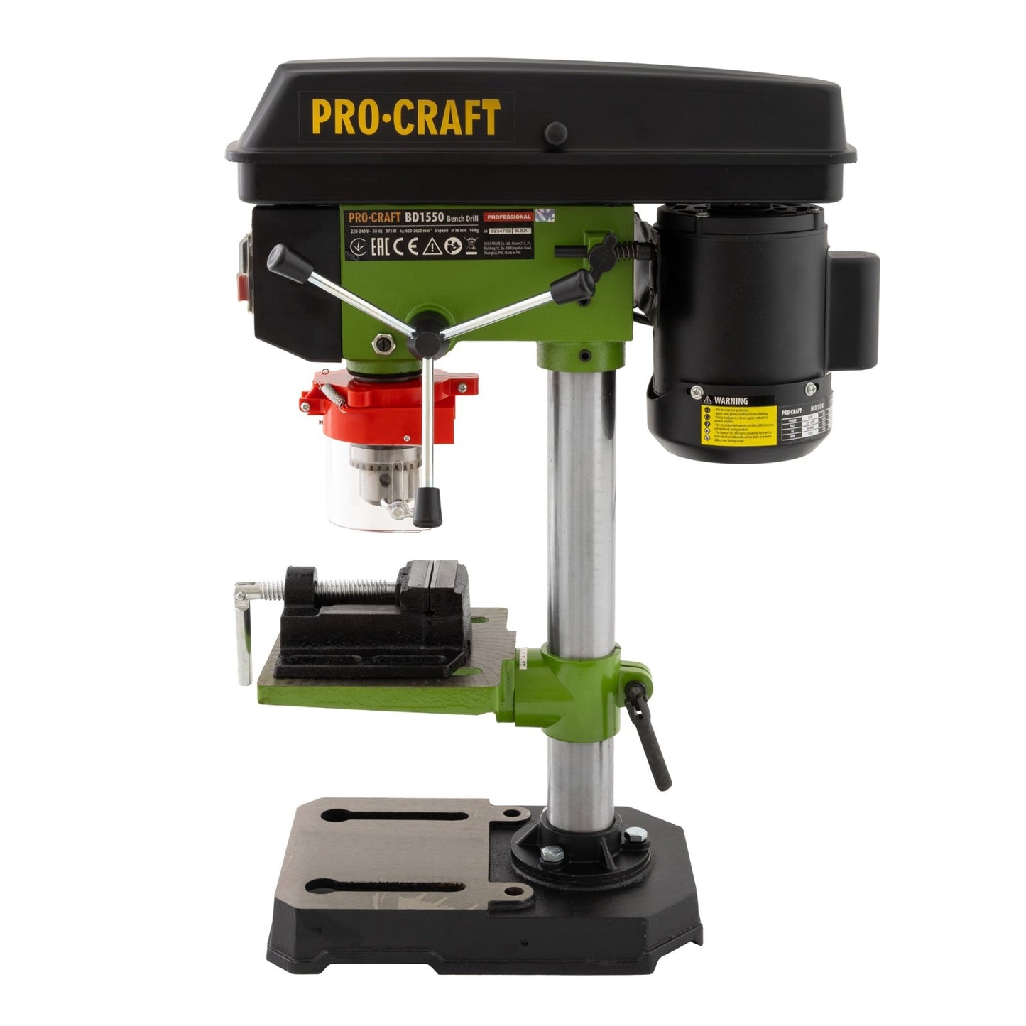 Masina de gaurit de banc Procraft BD1550, 375W, 16 mm, 5 viteze, cursa 50 mm, mandrina cu bacuri, menghina 55 mm