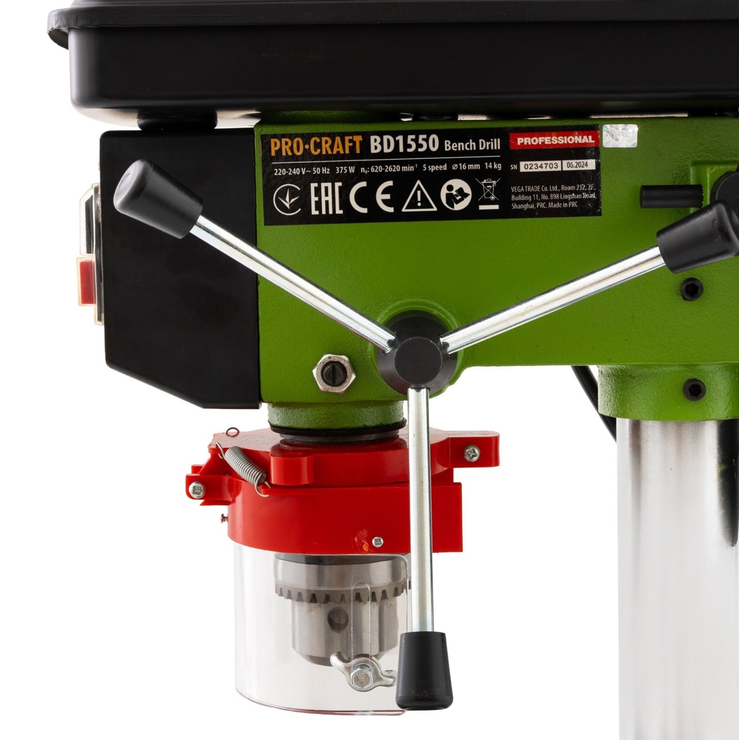 Masina de gaurit de banc Procraft BD1550, 375W, 16 mm, 5 viteze, cursa 50 mm, mandrina cu bacuri, menghina 55 mm