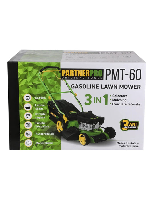 Masina de tuns iarba pe benzina PARTNERPRO PMT-60, 3CP, autopropulsie, 60L, 460mm