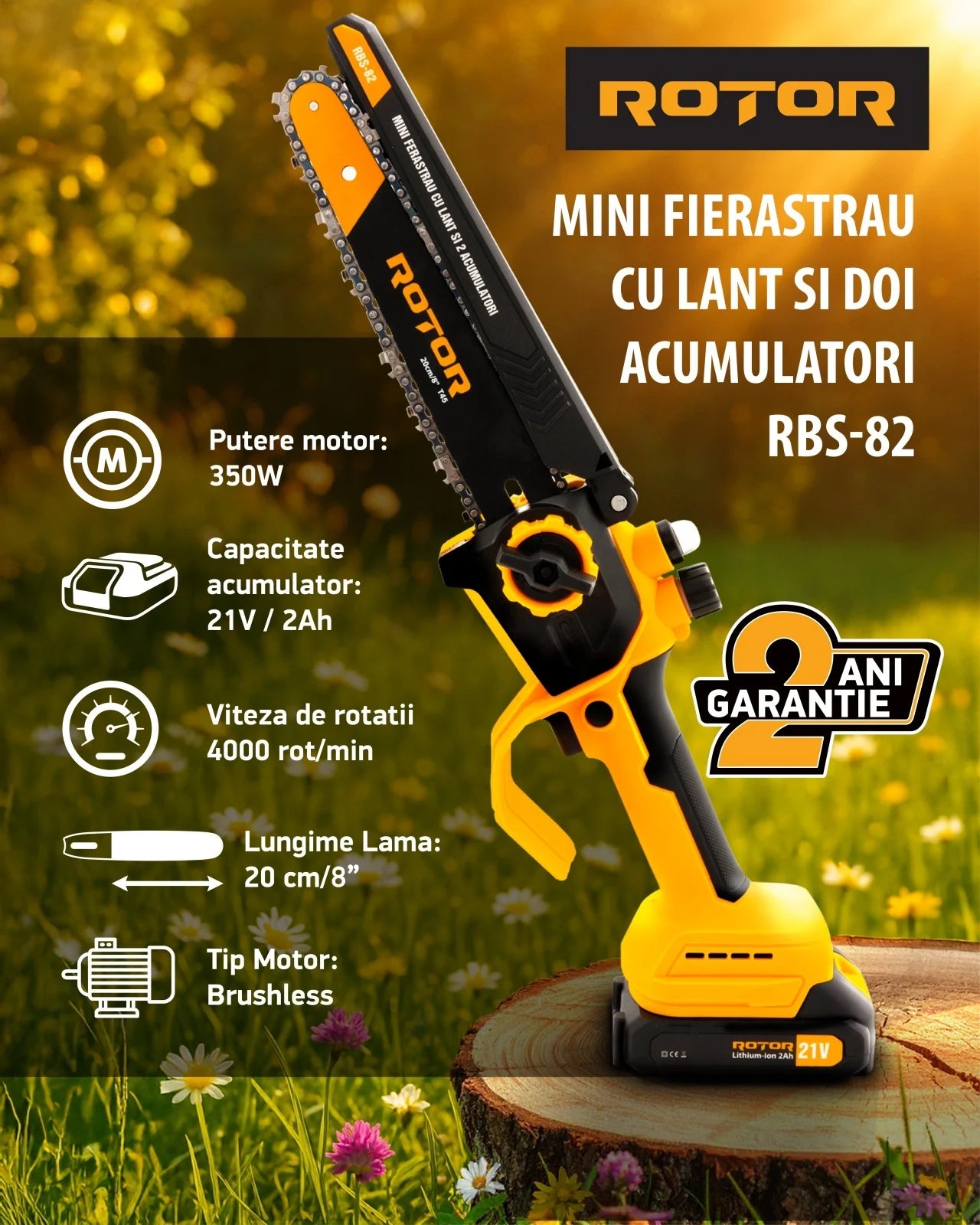 Mini drujba pe acumulator ROTOR RBS-82, 21V / 2Ah, Brushless, lama 20 cm, set complet cu 2 acumulatori si incarcator