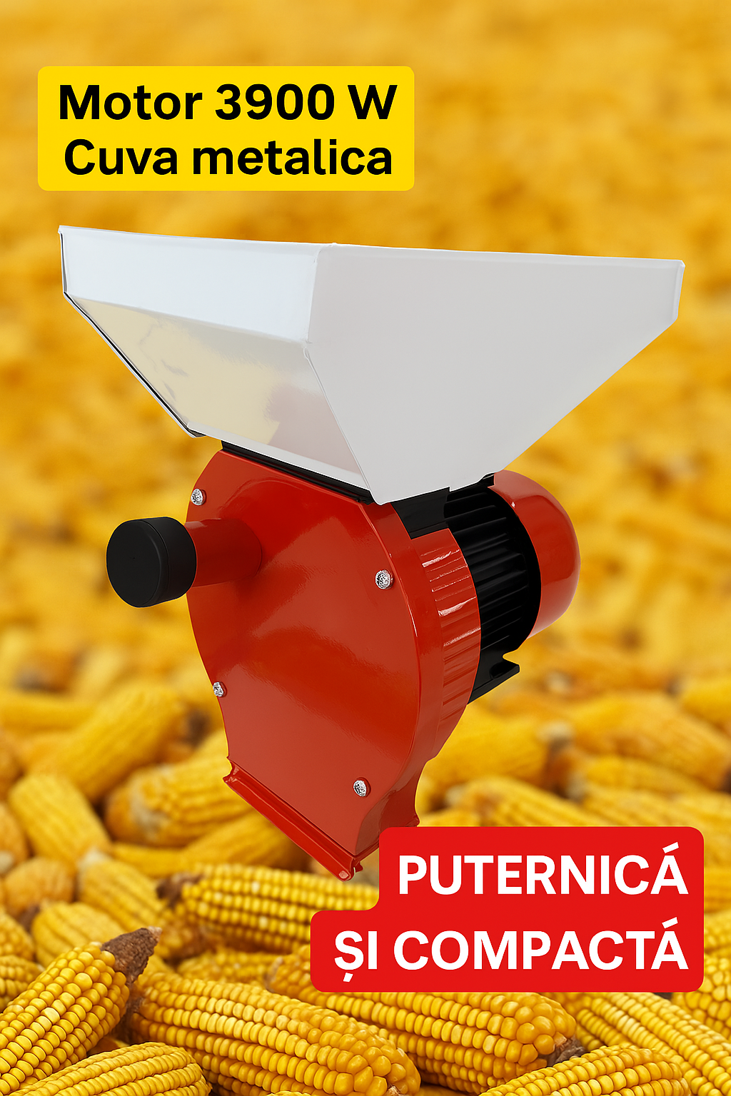 Moara electrica Elefant®, 3.9 kw 3000 rpm motor 100% cupru, 250 kg/ora, cuva mare, 20 de ciocanele pentru cereale si stiuleti