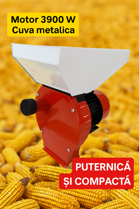 Moara electrica Elefant®, 3.9 kw 3000 rpm motor 100% cupru, 250 kg/ora, cuva mare, 20 de ciocanele pentru cereale si stiuleti