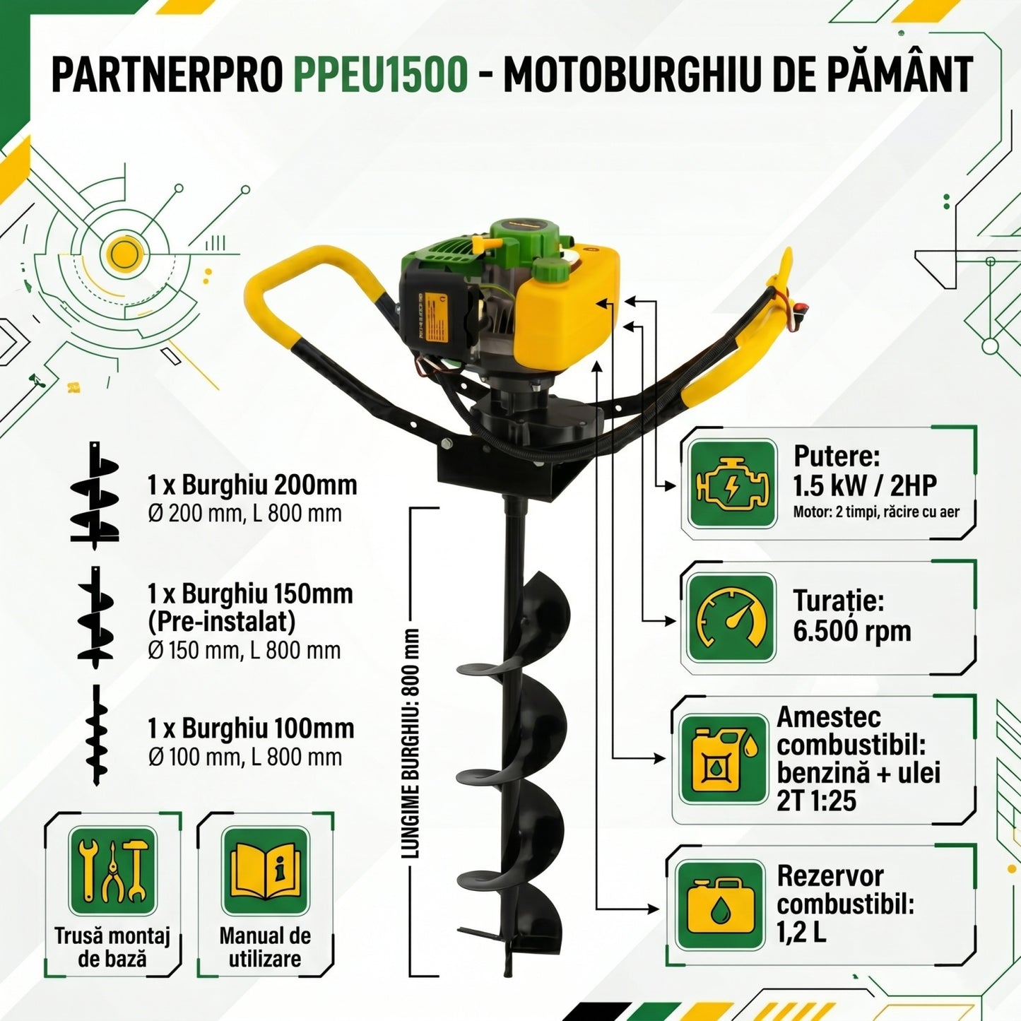 Motoburghiu Foreza Pamant PartnerPro PPEU1500, 52cc, 2CP, 6500 RPM, 2 timpi - detaliu 2