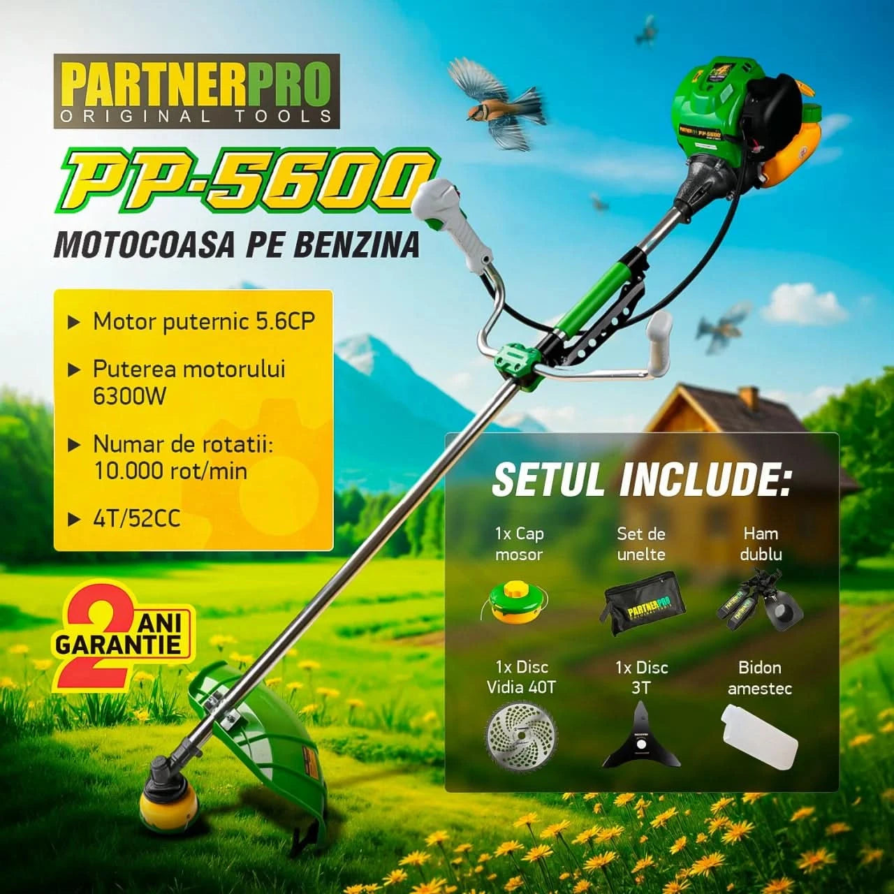 Motocoasa benzina PartnerPro PP5600, 52cc, 5.6CP, motor 4T, 10000rpm, latime taiere 254mm