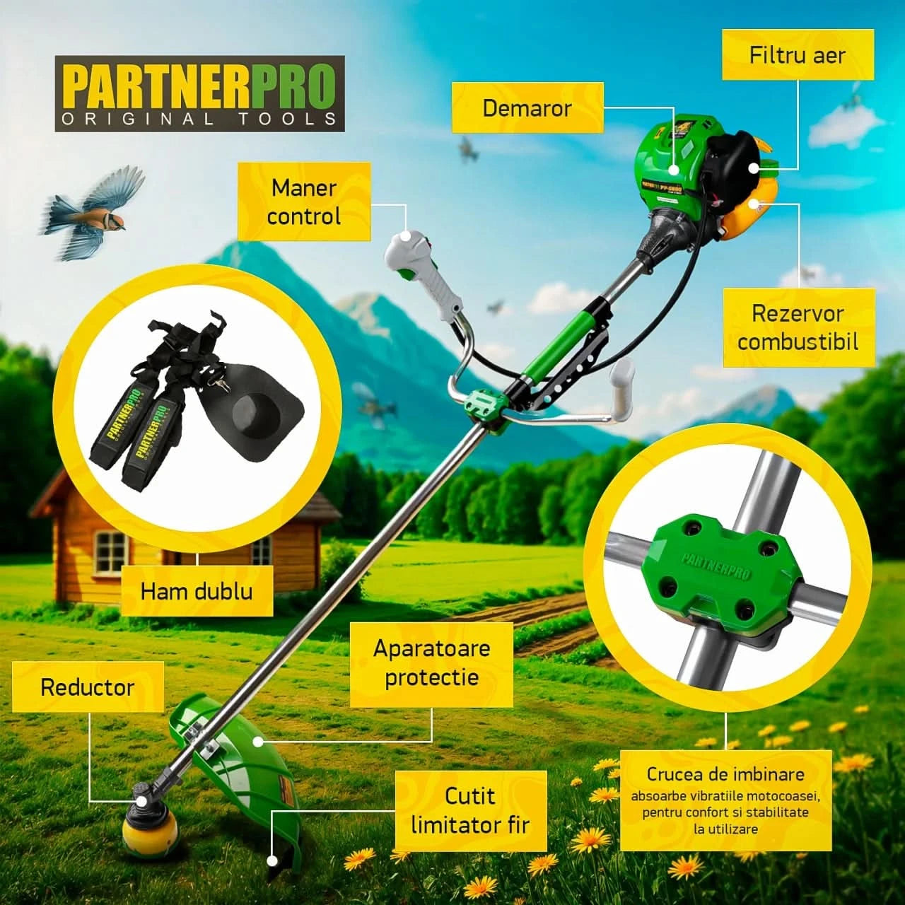 Motocoasa benzina PartnerPro PP5600, 52cc, 5.6CP, motor 4T, 10000rpm, latime taiere 254mm