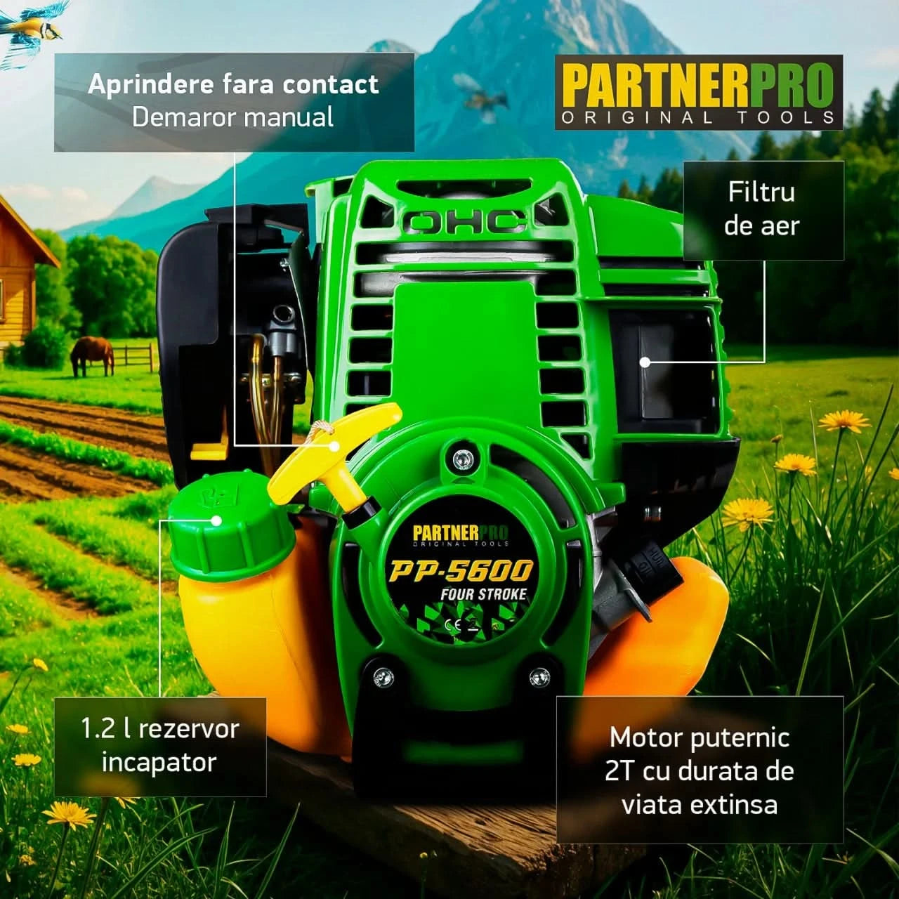 Motocoasa benzina PartnerPro PP5600, 52cc, 5.6CP, motor 4T, 10000rpm, latime taiere 254mm