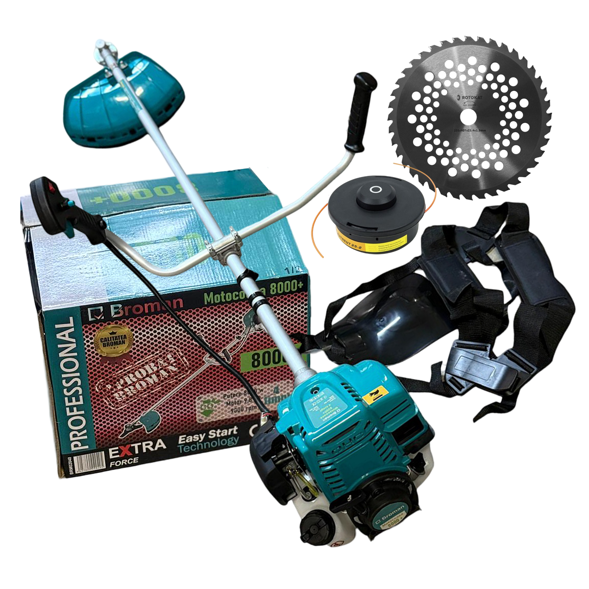 Motocoasa benzina Broman Profesional 8000+, 4 timpi, 9 CP, 8000W, 9000 RPM, cu tambur, disc vidia si ham