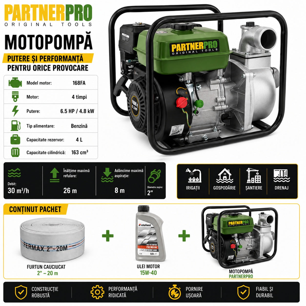 Motopompa pe benina PartnerPro, 6.5cp, 163cc, 4 timpi, 500l/min, capacitate rezervor 4l, inaltime refulare 26, adancime