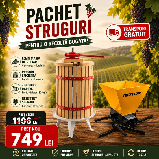 Pachet Teasc Struguri si Fructe ZEP RTR FP-40, 40L + Zdrobitor Manual HGP-50, 28L, 180 kg/h + Sac Filtru