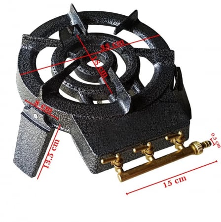 Pachet arzator fonta GPL cu 3 robineti, pirostrie exterior 30 cm + Set regulator reglabil ROTOR cu furtun 2 m