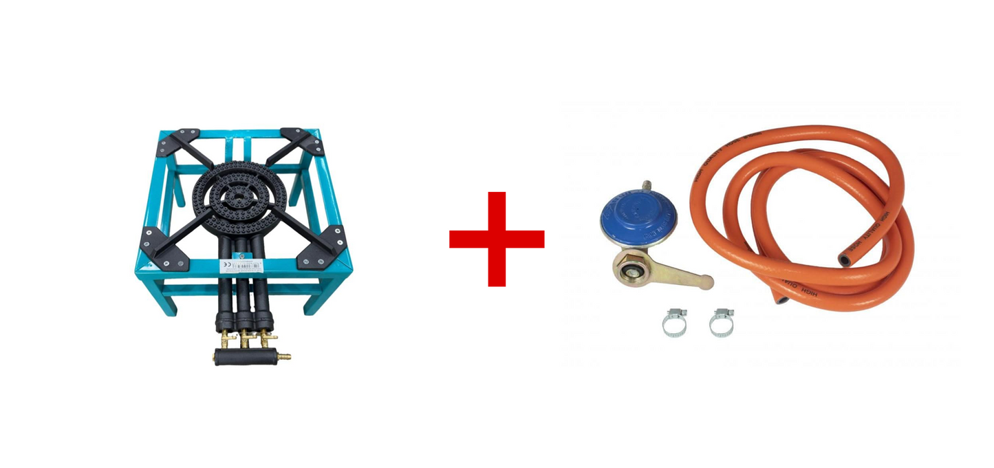 Pachet Pirostrie BROMAN R03 fonta 3 inele gaz 12.2 kW + Kit reglabil GPL RH-10, furtun 2m si coliere