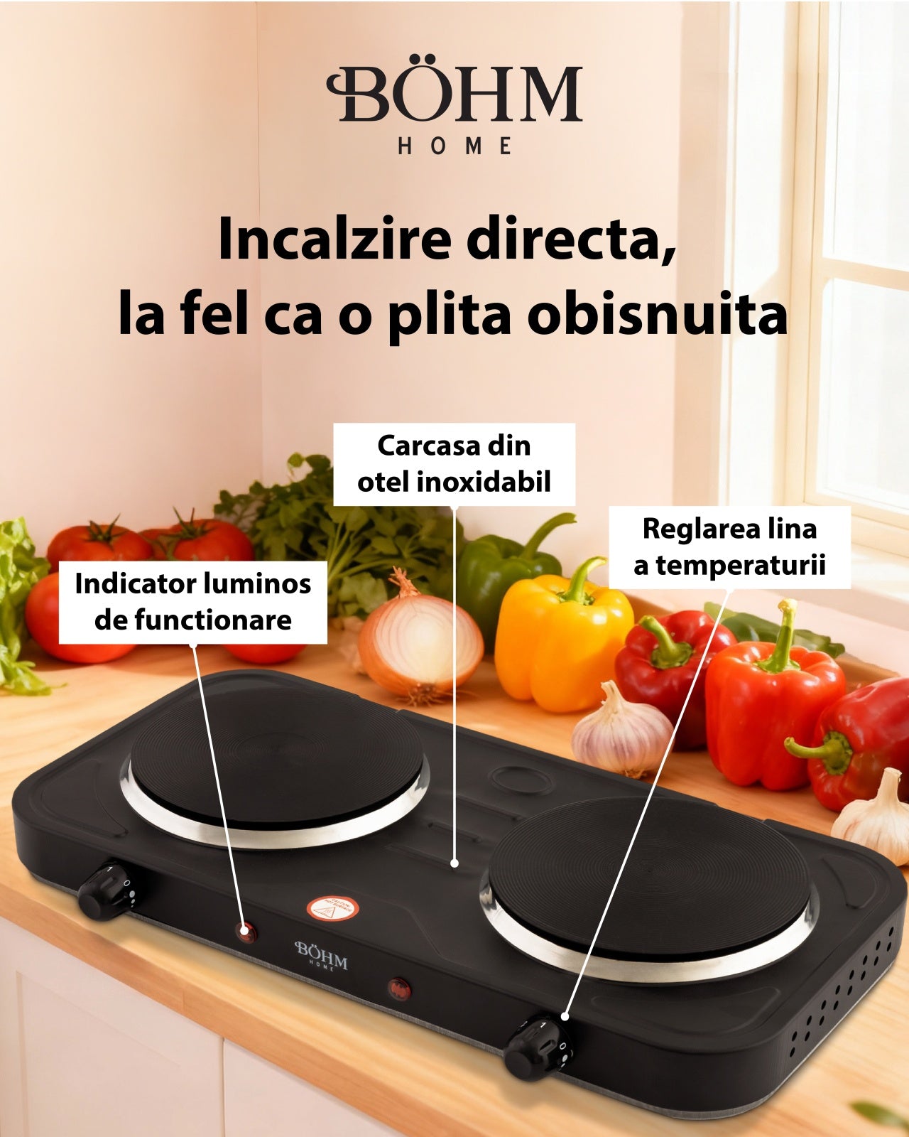 Plita Electrica Dubla Bohm BE-H-004L-B, 2 ochiuri, negru - detaliu 5