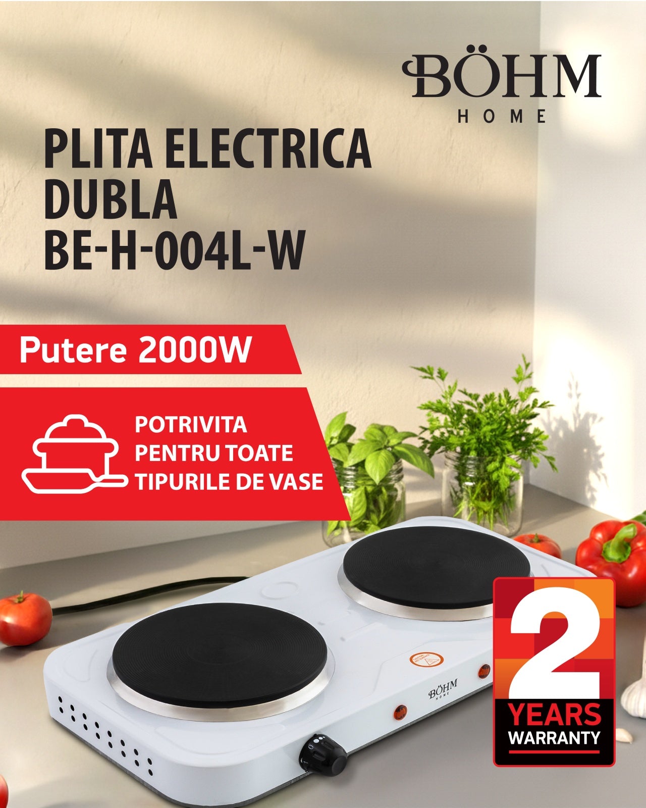 Plita Electrica Dubla Bohm BE-H-004L-W, 2 ochiuri, alb - imagine produs