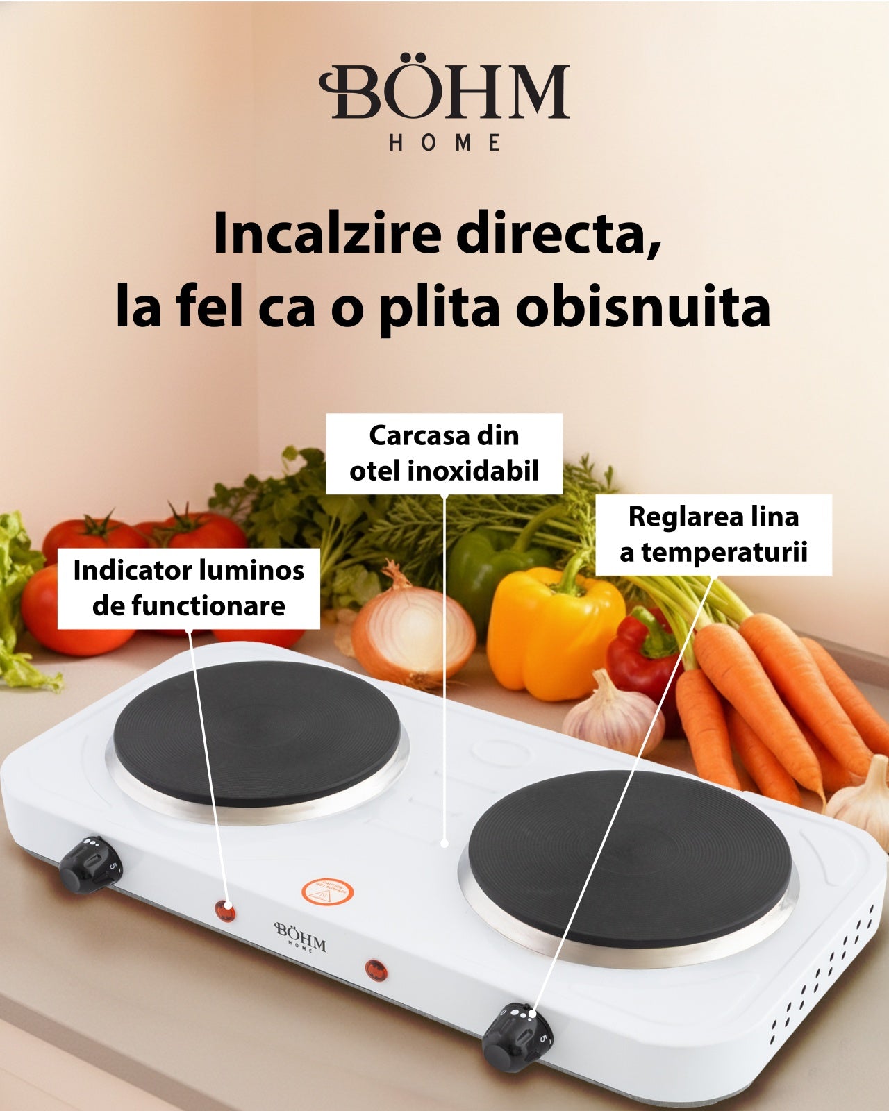 Plita Electrica Dubla Bohm BE-H-004L-W, 2 ochiuri, alb - detaliu 6