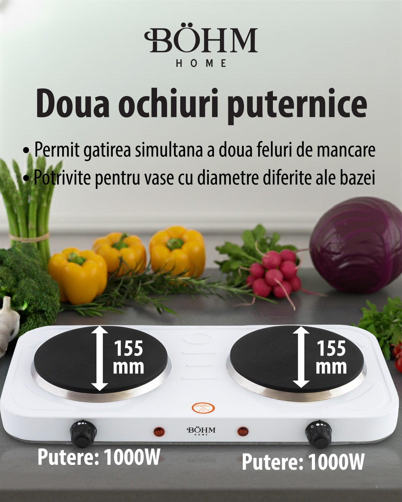 Plita Electrica Dubla Bohm BE-H-004L-W, 2 ochiuri, alb - detaliu 7