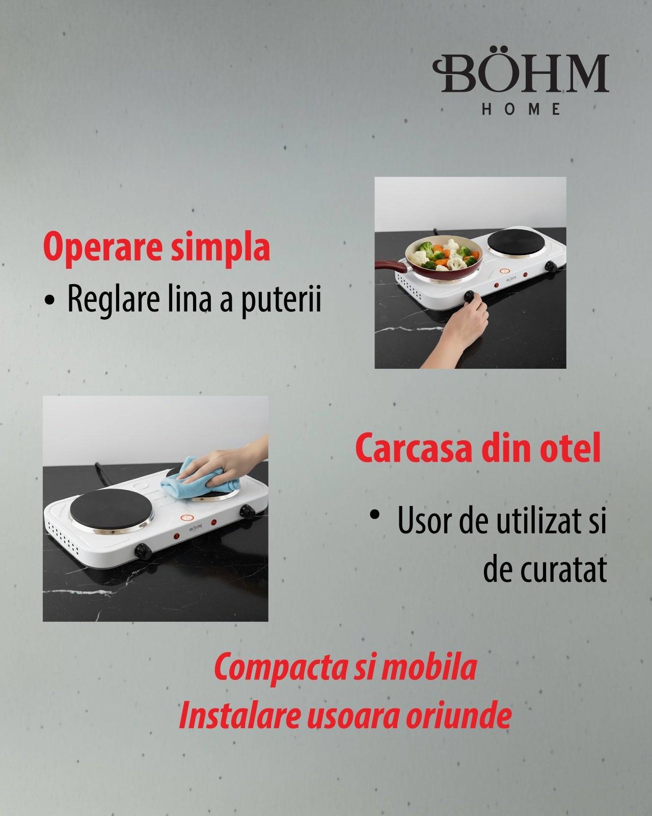 Plita Electrica Dubla Bohm BE-H-004L-W, 2 ochiuri, alb - detaliu 9