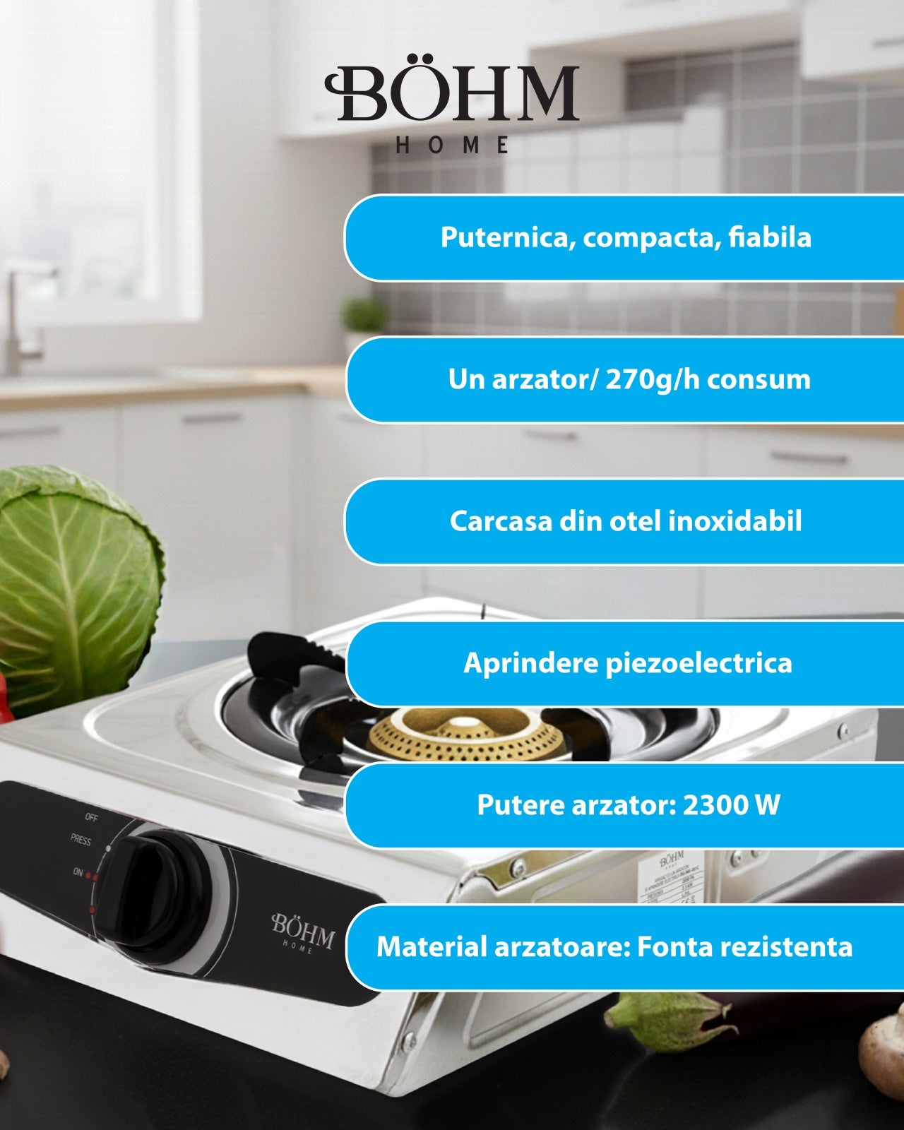 Plita Gaz 1 Arzator cu Aprindere Electrica Bohm BG-MG-001C, crom - detaliu 4